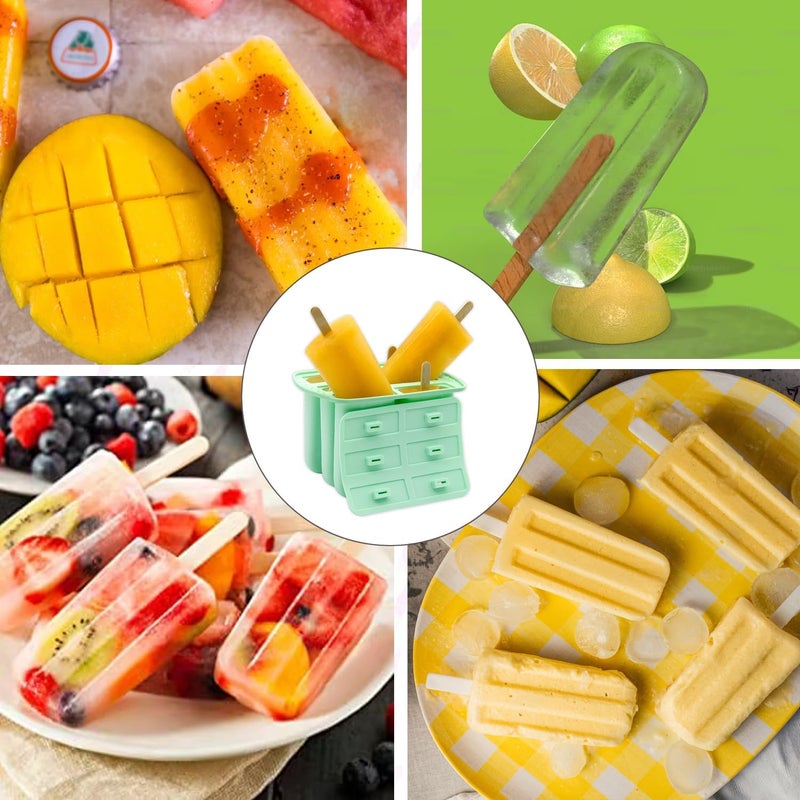 Wpunwen Silicone Popsicle Molds with Sticks 6 Cavity Ice Popsicle MoldsIce Cream Mold with Clean Brush 6 Reusable Sticks 50 Sticks 50 Bags Green - Image 3